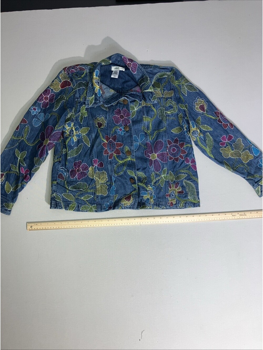 Coldwater Creek Women's Embroidered Tropical Floral Denim Jean Button Jacket L